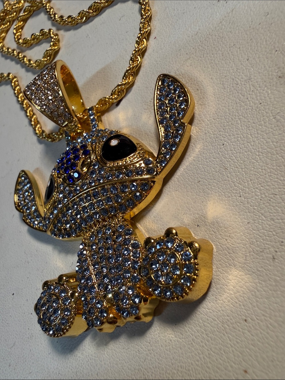 Gold Tone Pave Crystal Stitch Pendant Necklace Bling 24” chain